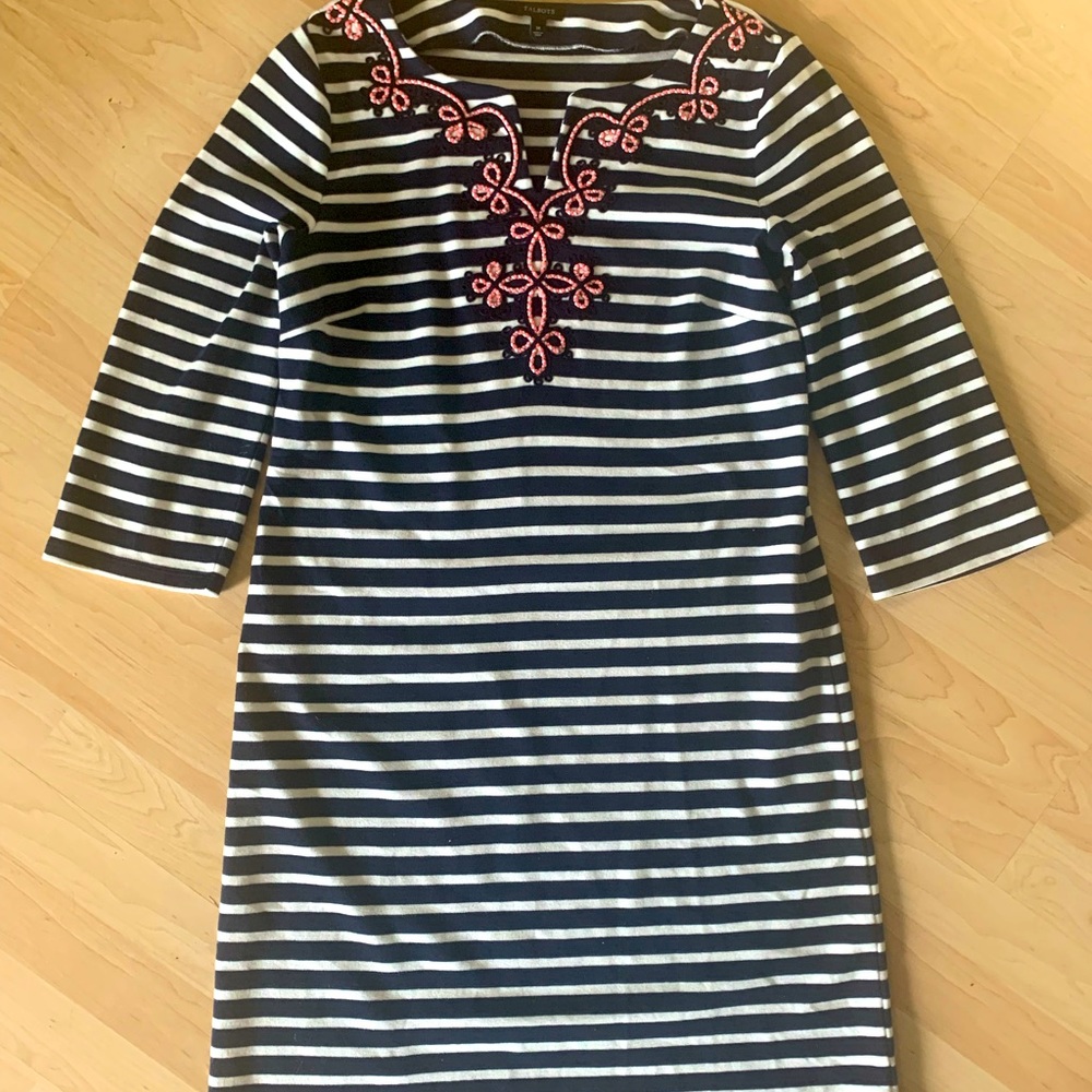 Talbots Striped 3/4 sleeve embellished shift dress M